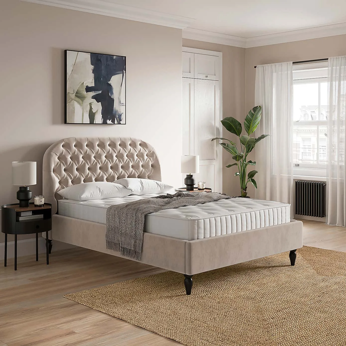 Natural fabric upholstered bed frame with buttoned headboard