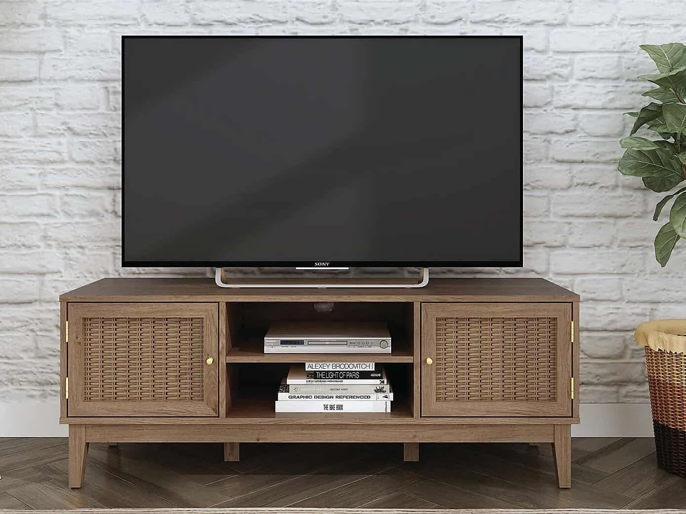 TV unit with central storage shelves and a pair of rattan panel cupboard doors