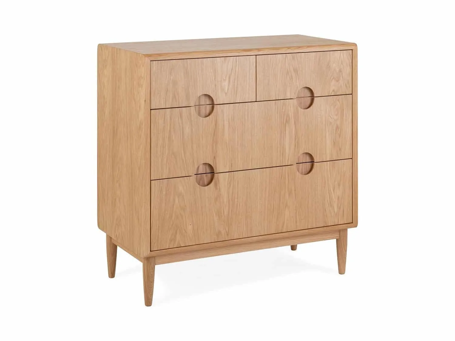 Oak 2 plus 2 drawer chest with circular handles and tapered legs