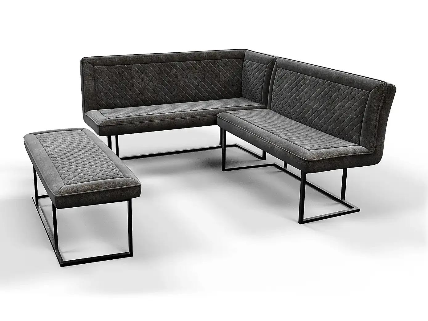 Black velvet upholstered corner dining bench and black marble table
