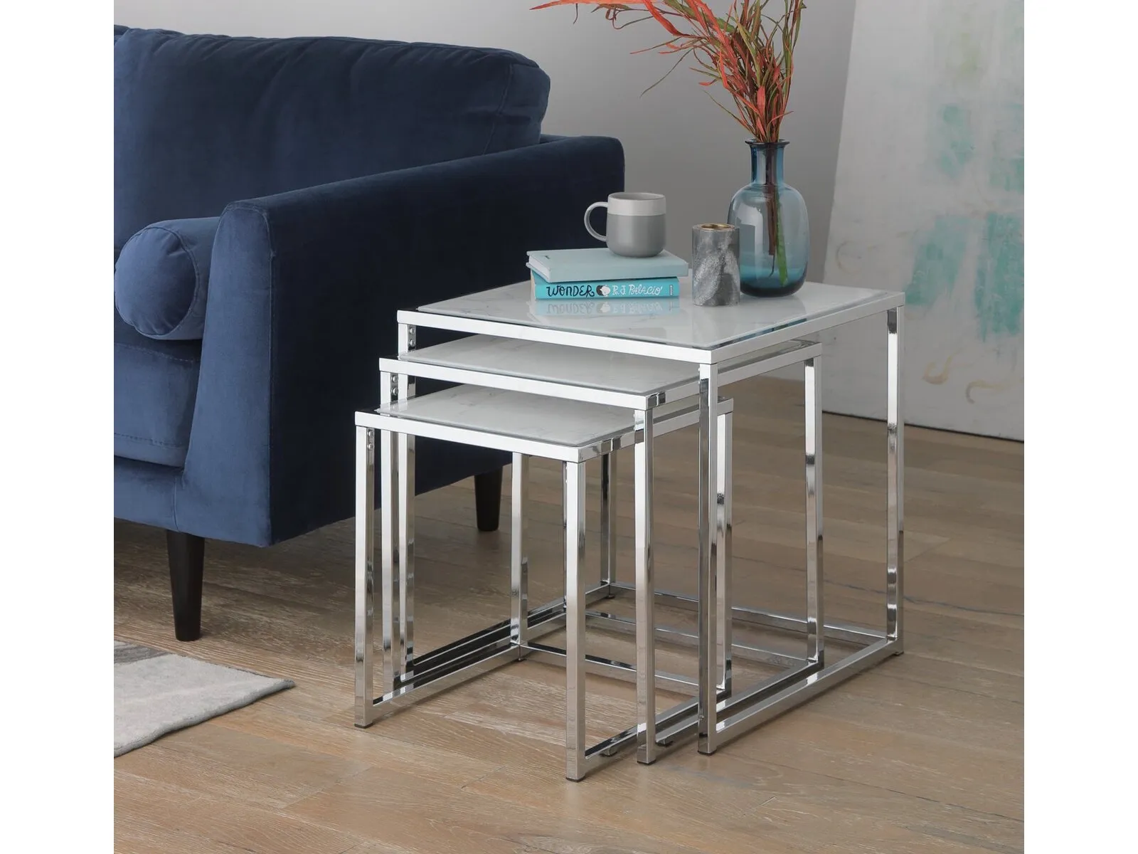 Nest of 3 tables with silver frames and marble tops