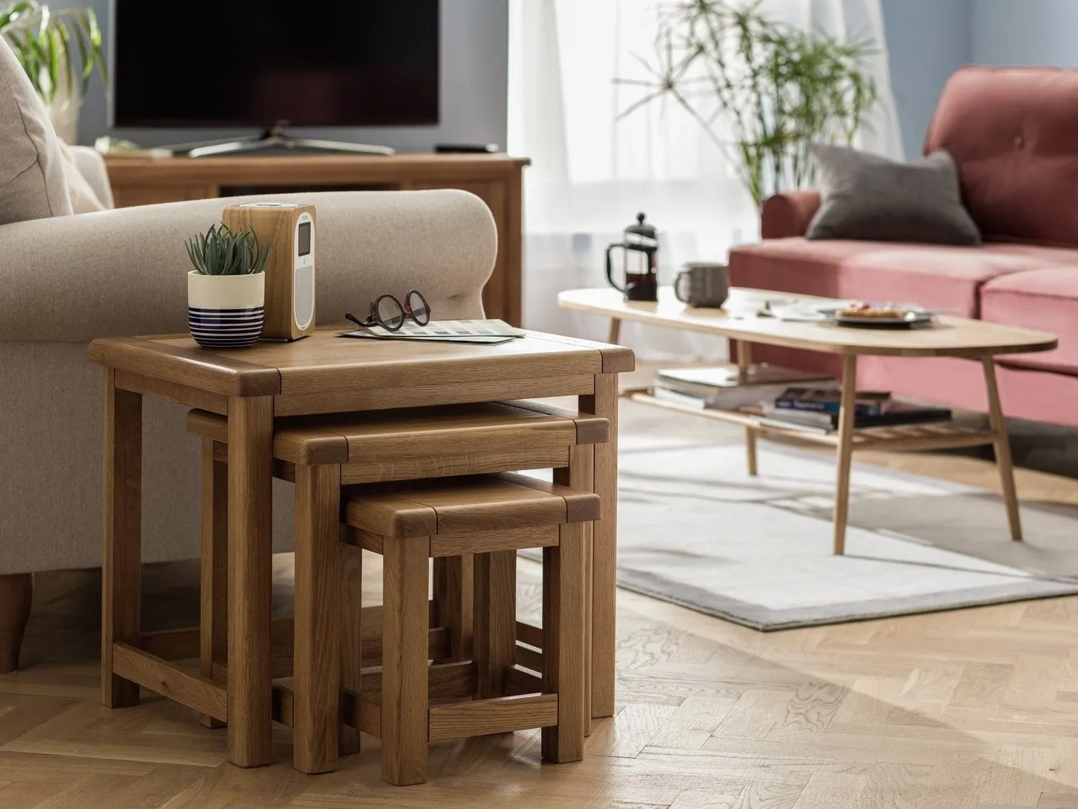 Oak nest of 3 side tables
