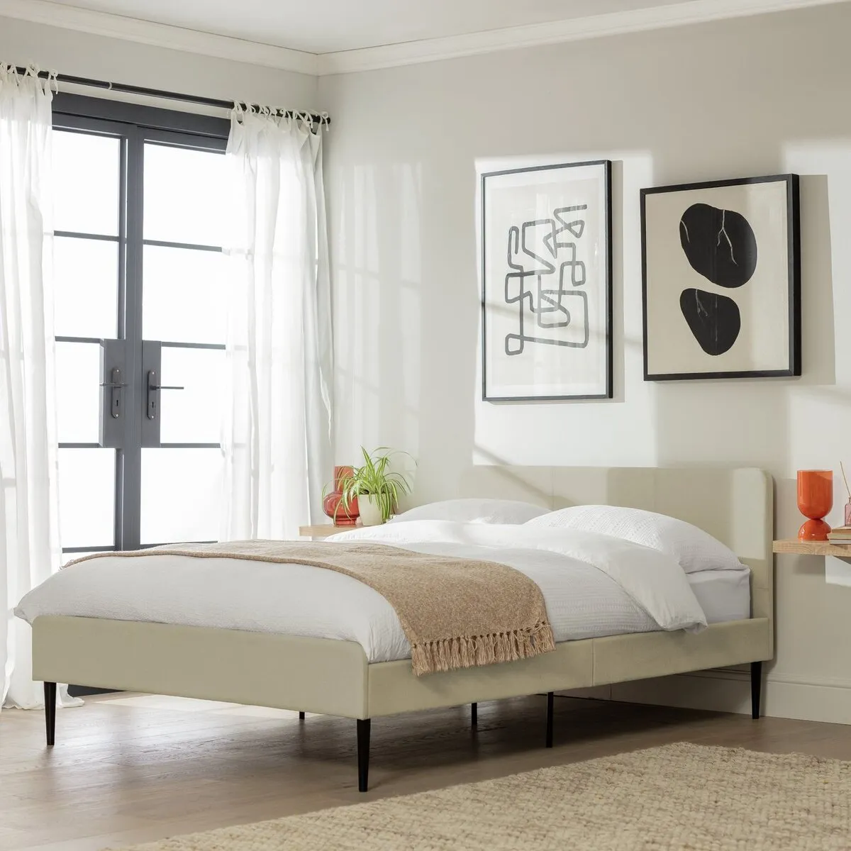 Cream fabric upholstered bed frame