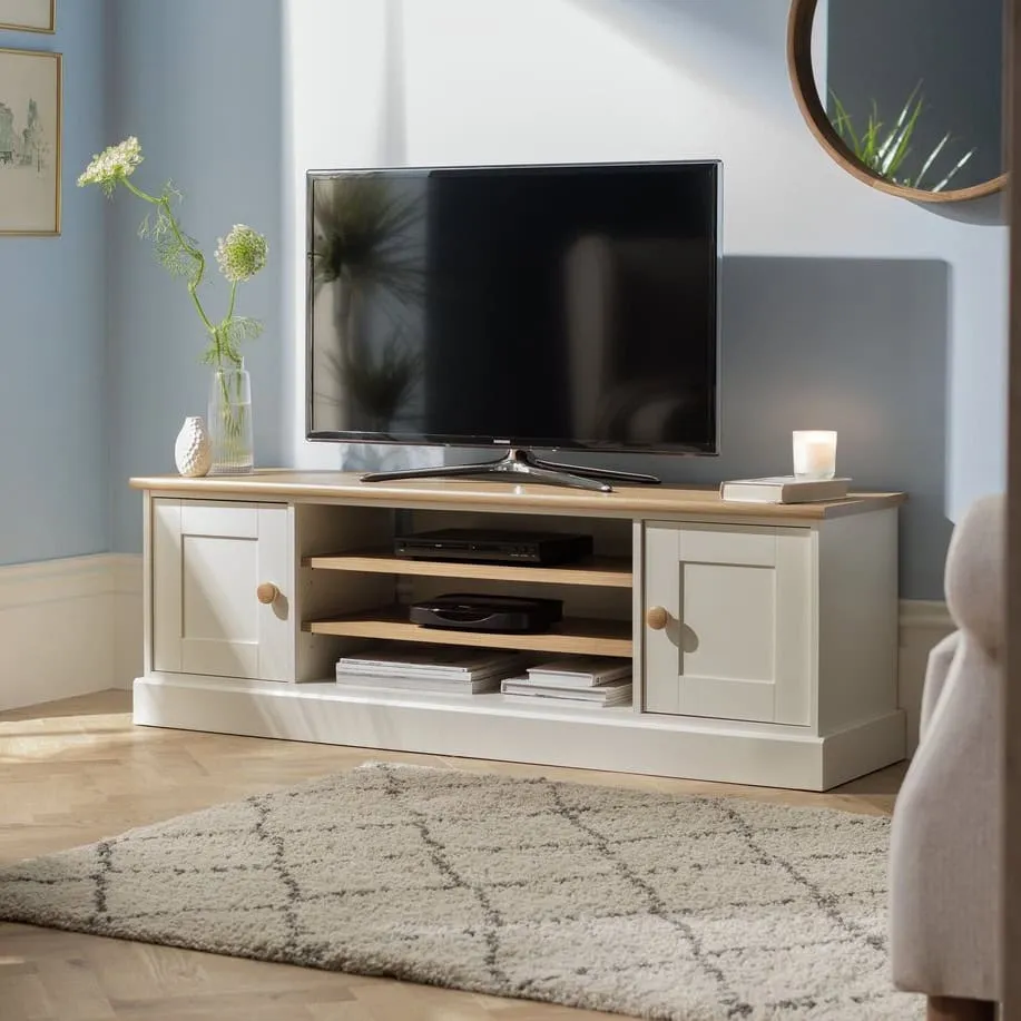 Cream and oak tv unit with two doors and open shelves
