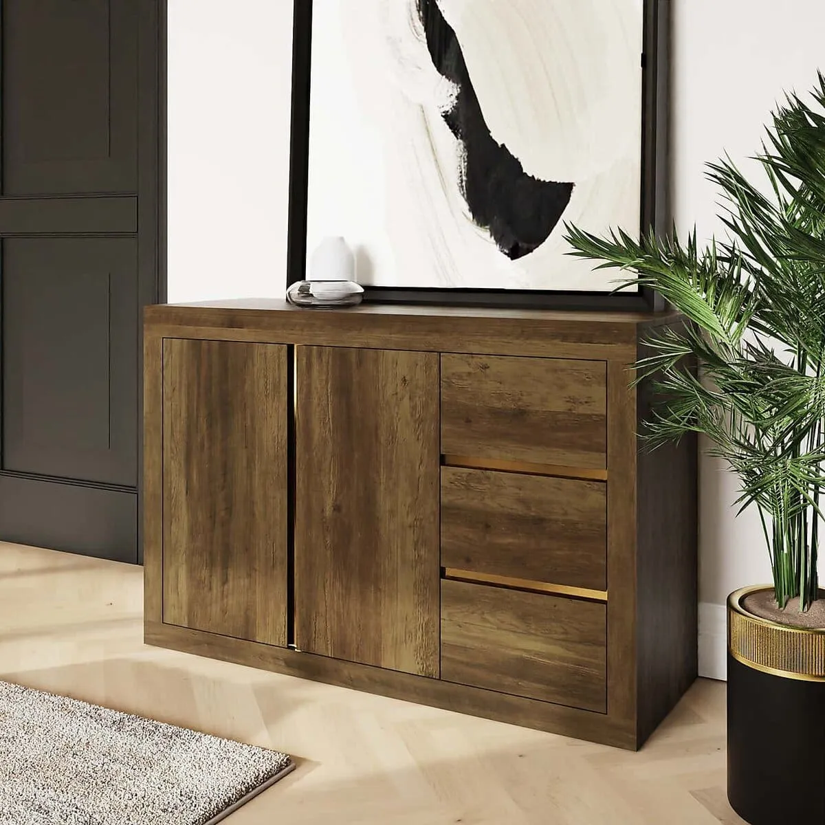 Dark wood sideboard with 2 doors and 3 drawers featuring a gold edge trim