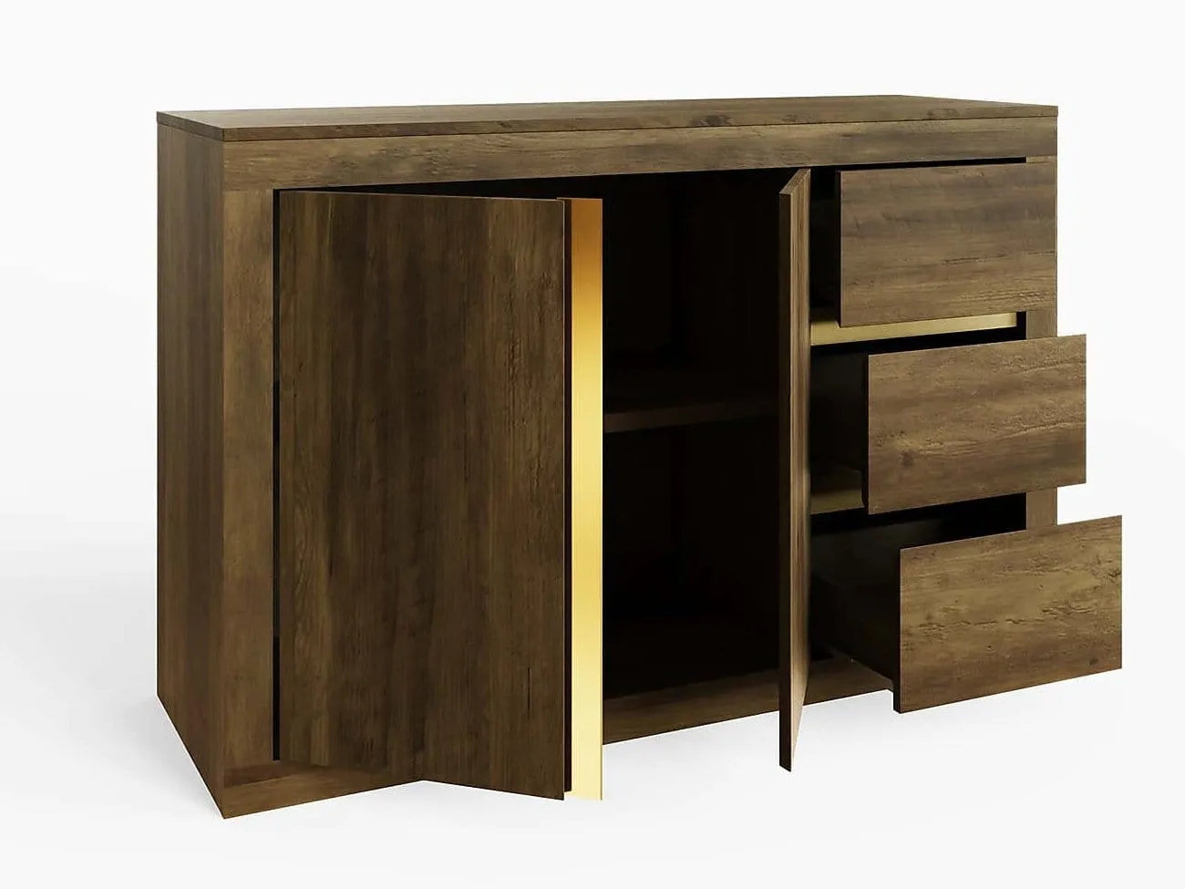 Dark oak 2-door, 3 drawer cabinet with brass trim