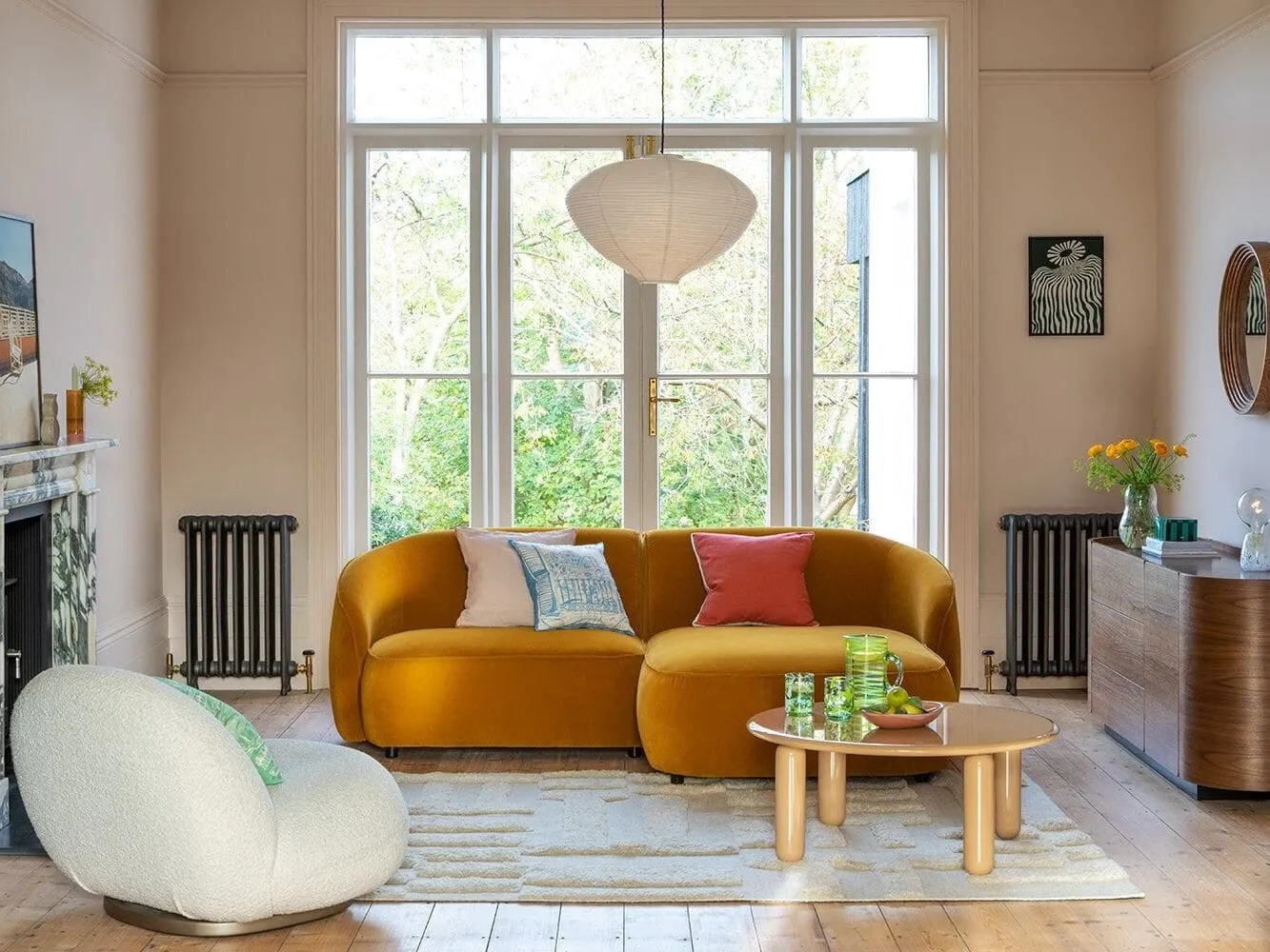 Mustard fabric curved sofa