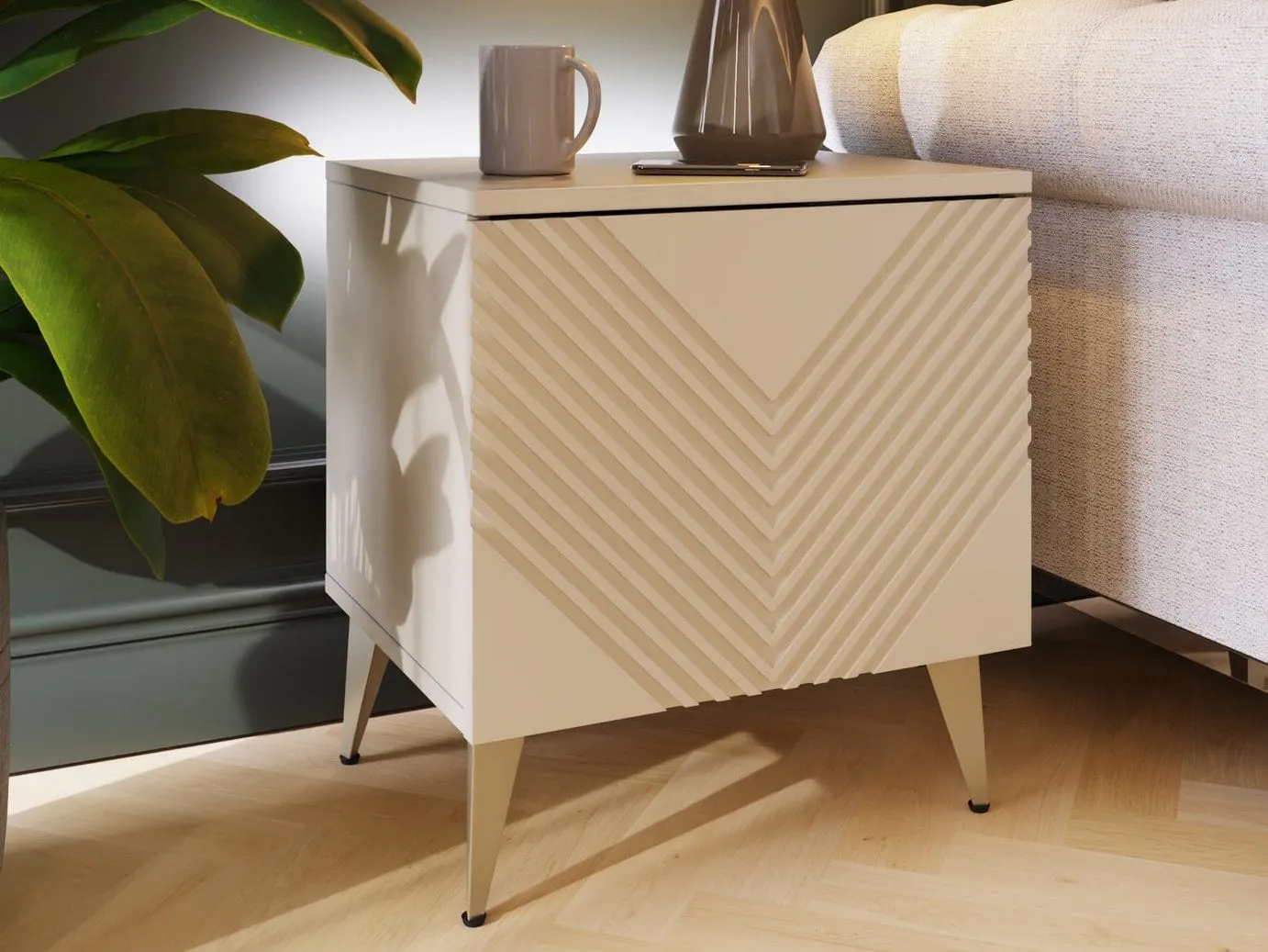 White side table with diagonal groove pattern doors
