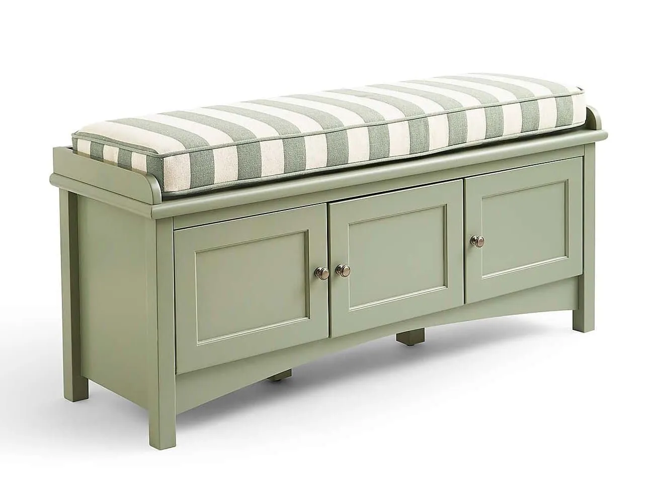 Green-painted storage bench with striped seat cushion and 3 cupboard spaces