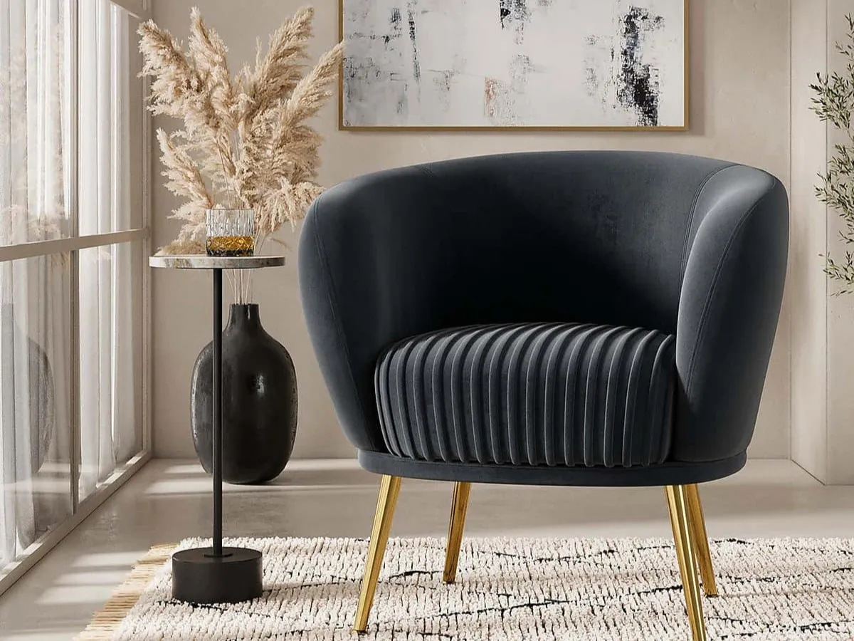 Ink-blue velvet upholstered tub chair