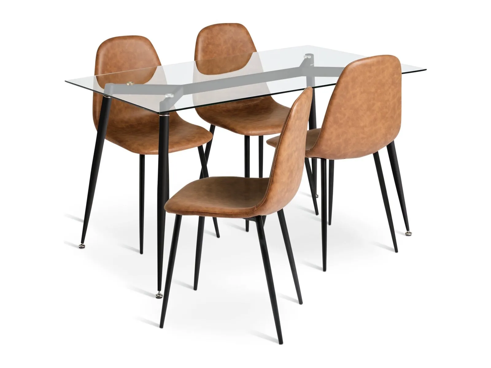Glass top dining table with slender wooden legs