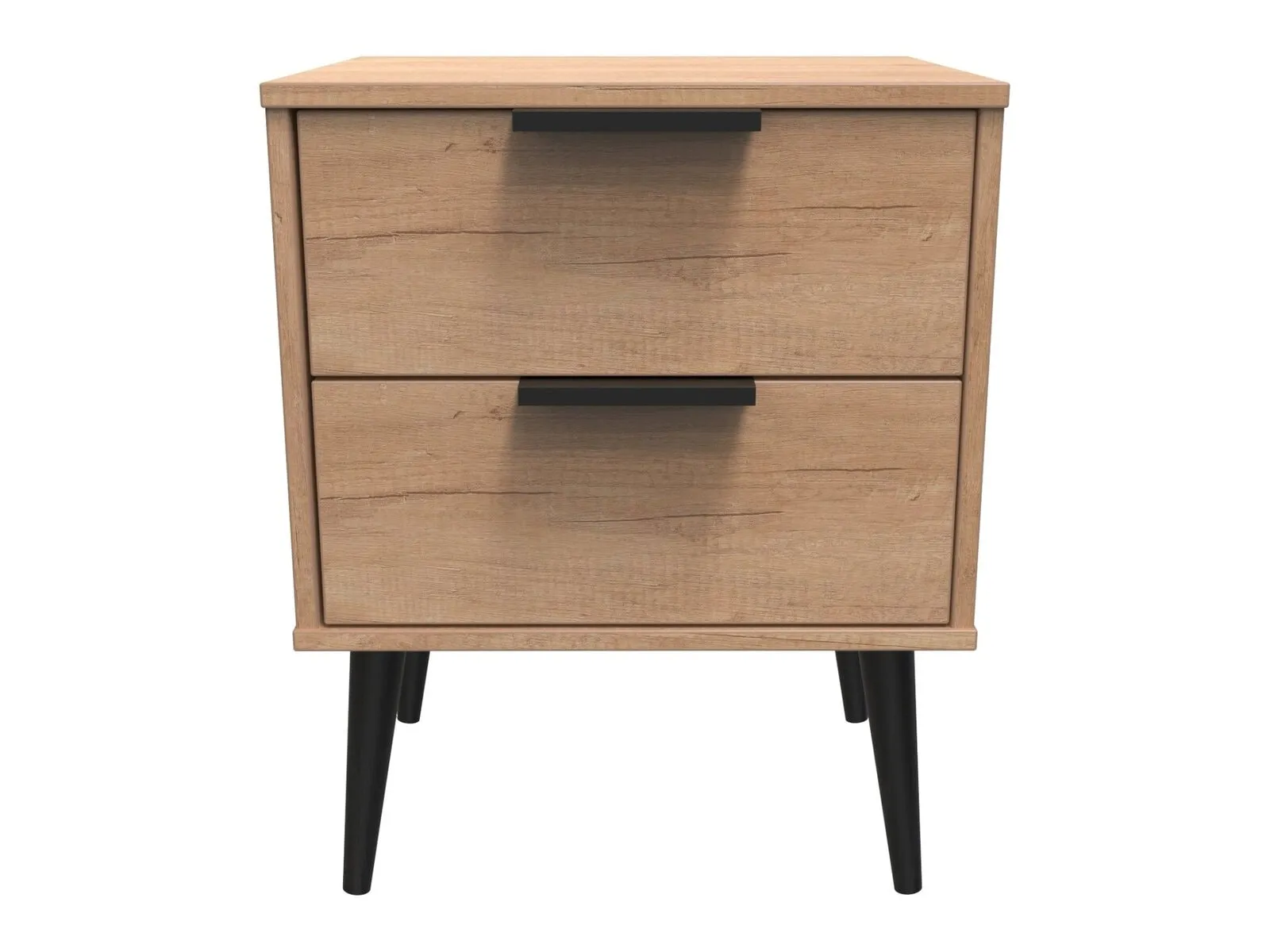 Oak 2-drawer bedside table with black legs and handles