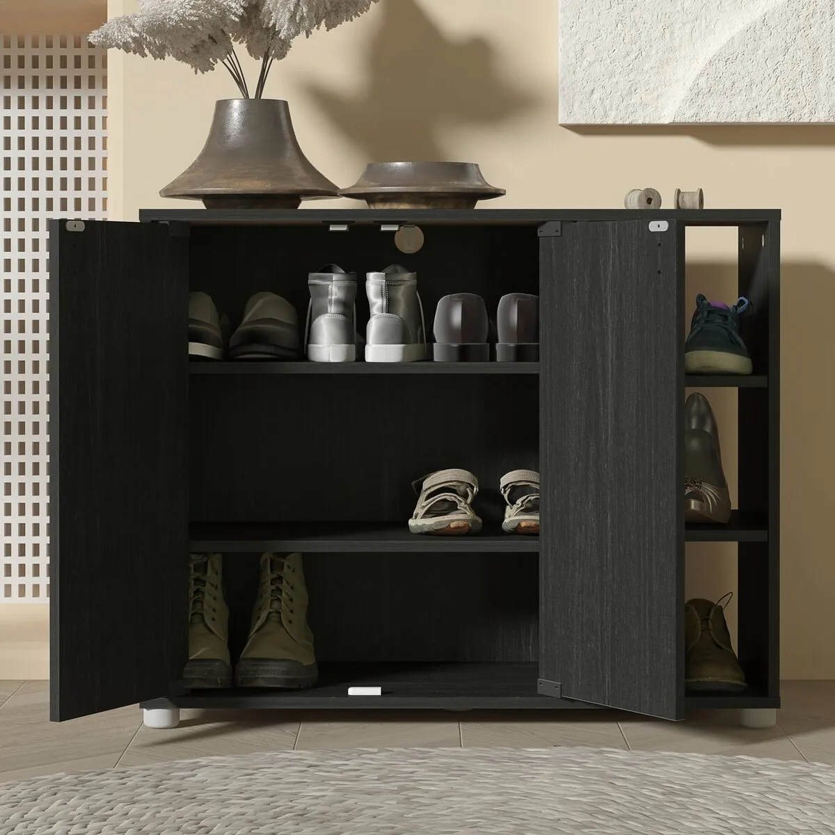 Black shoe cabinet with 3 internal shelves and 3 open shelves at the side