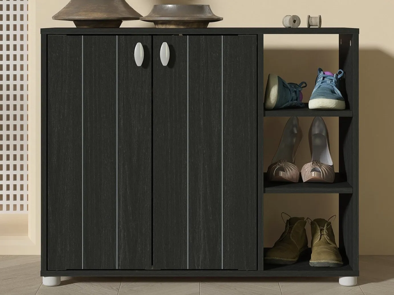 2-door shoe cabinet with opend shelf unit and black woodgrain finish