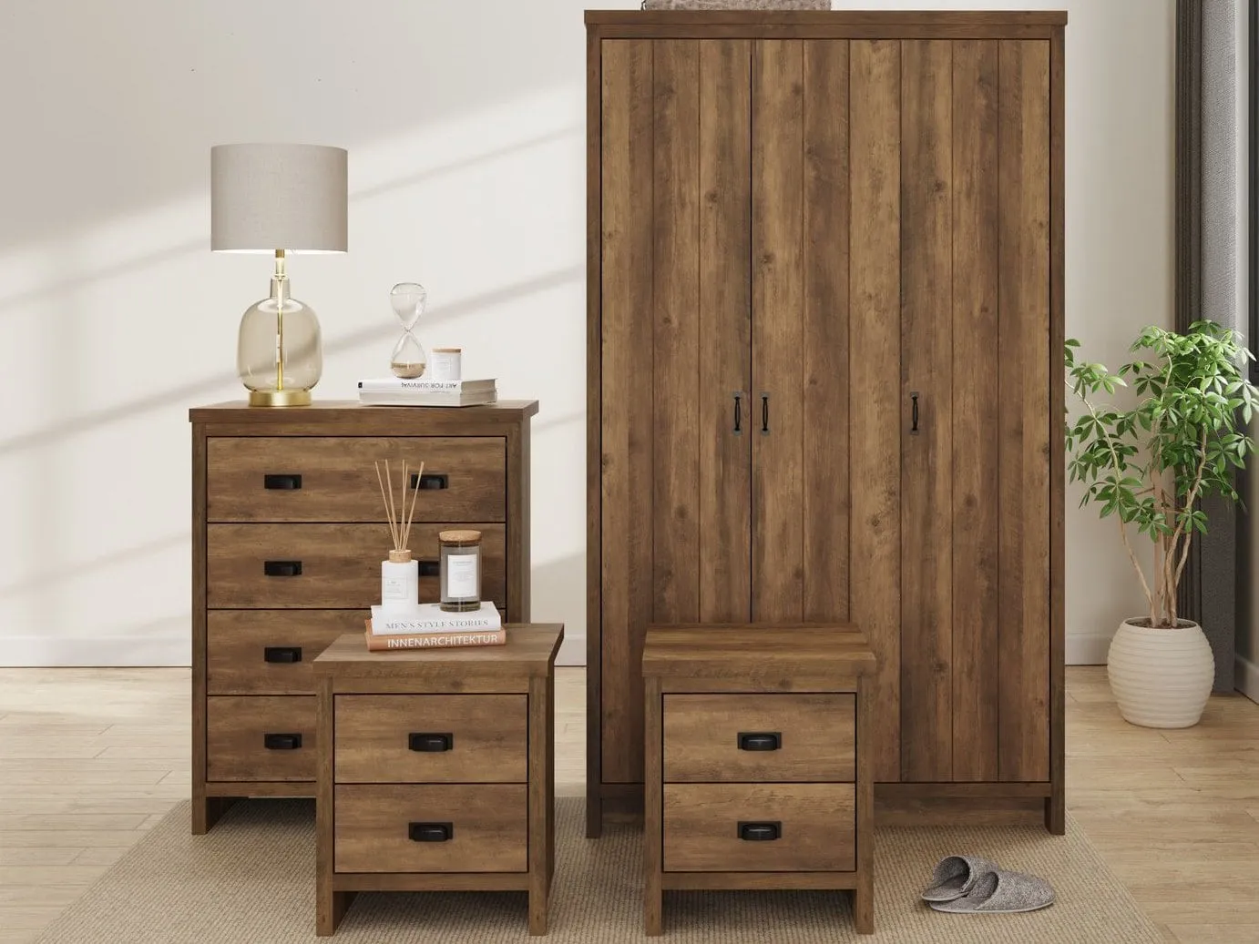 Dark oak finish drawers and wardrobe