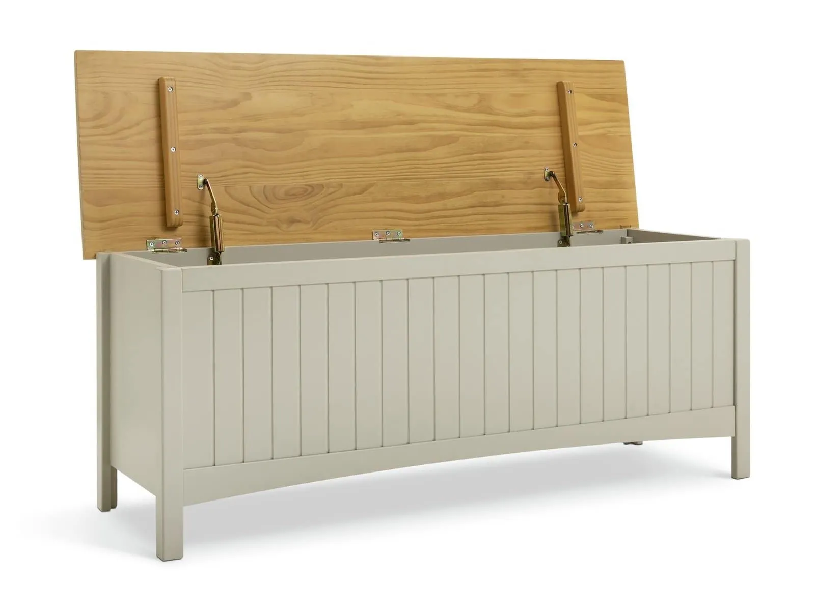 Grey-painte hallway bench with oak lid