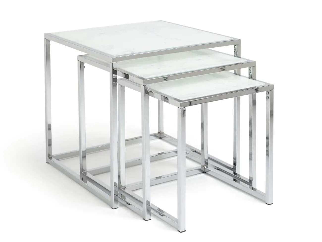 Nest of chrome frame tables with white marble tops