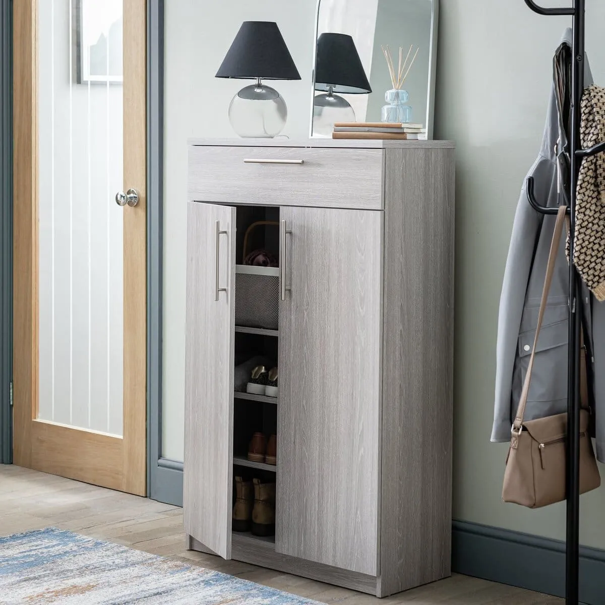 Grey oak finish shoe cabinet