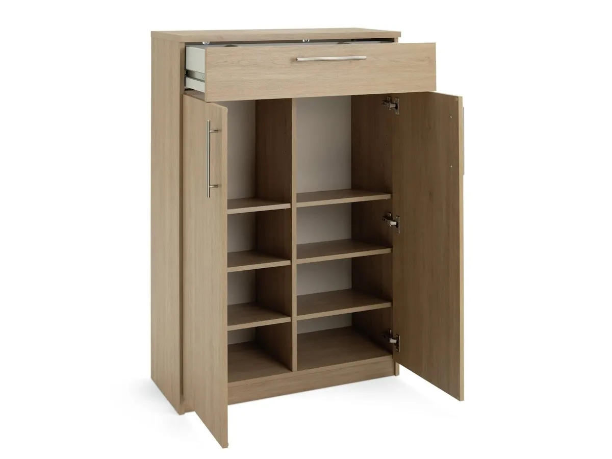 Oak finish shoe cabinet with drawer