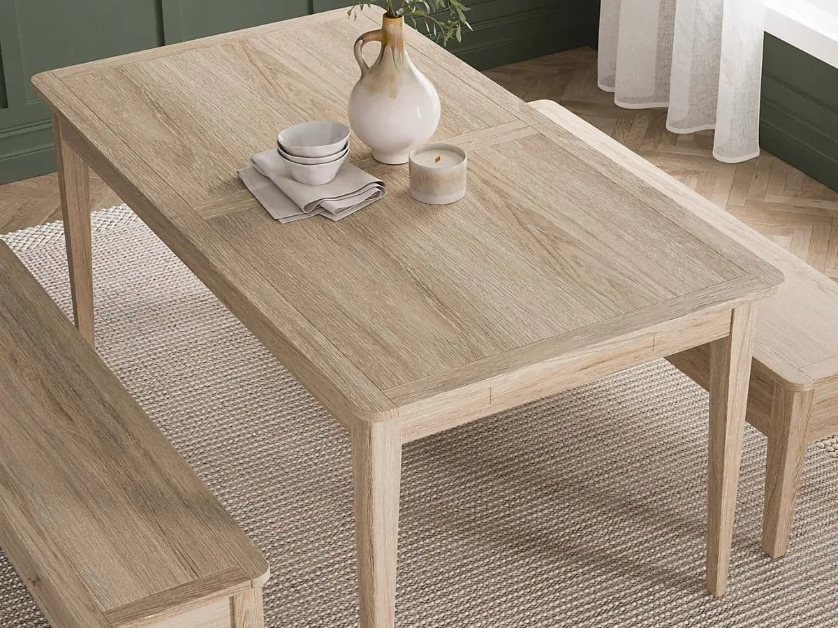 Oak dining table and two benches
