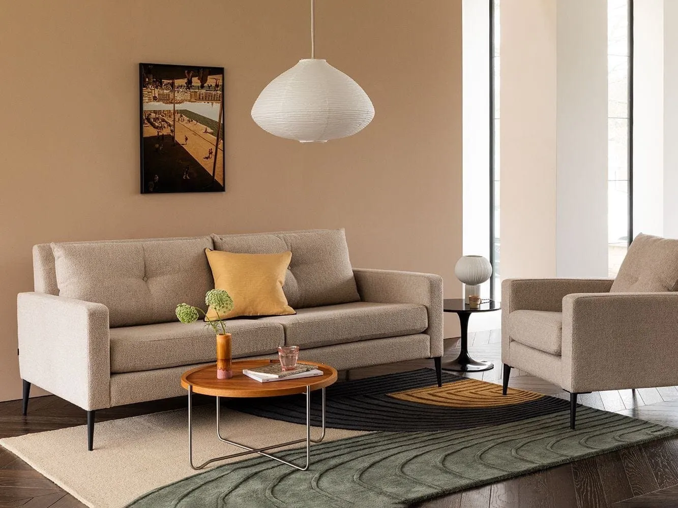 Oatmeal fabric sofa and armchair