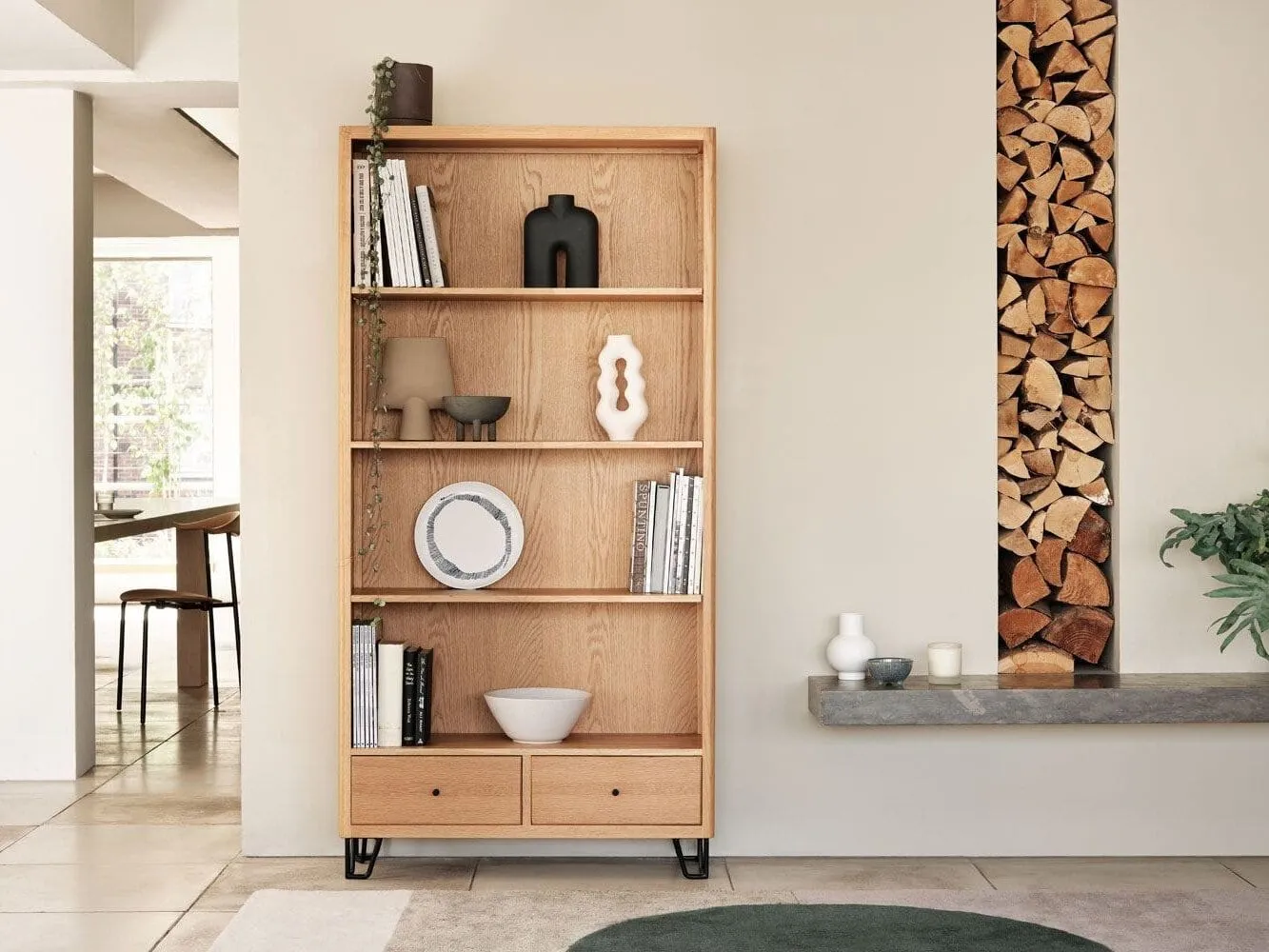 Oak bookcase with 4 open shelves and two drawers