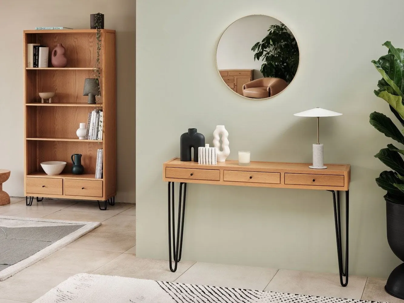 Oak 3-drawer console table with black metal hairpin legs