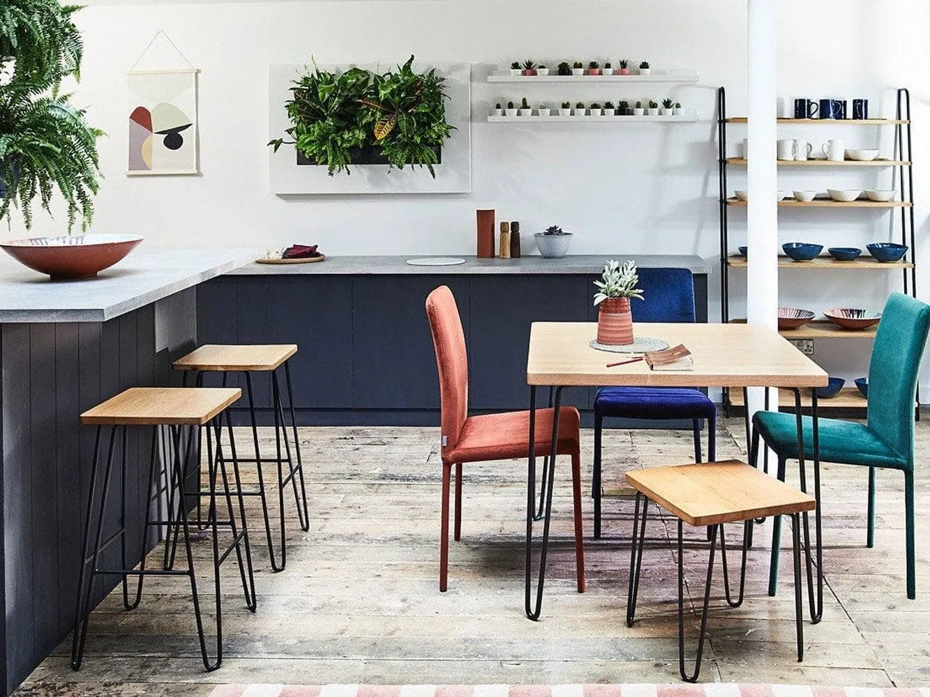 Square oak dining table with black hairpin legs