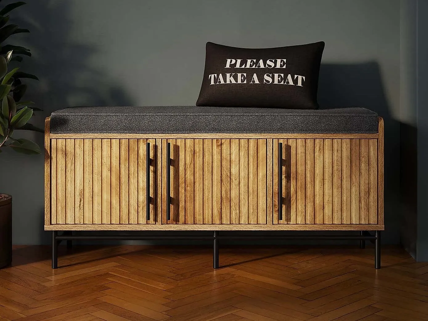 Oak finish 3-door storage bench with charcoal grey seat cushion