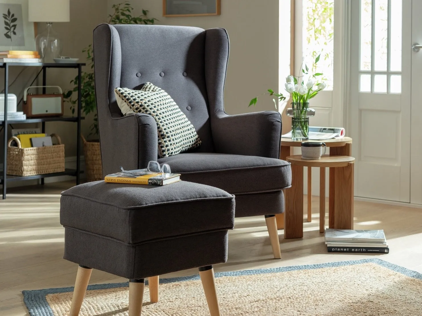 Grey-fabric wing back chair