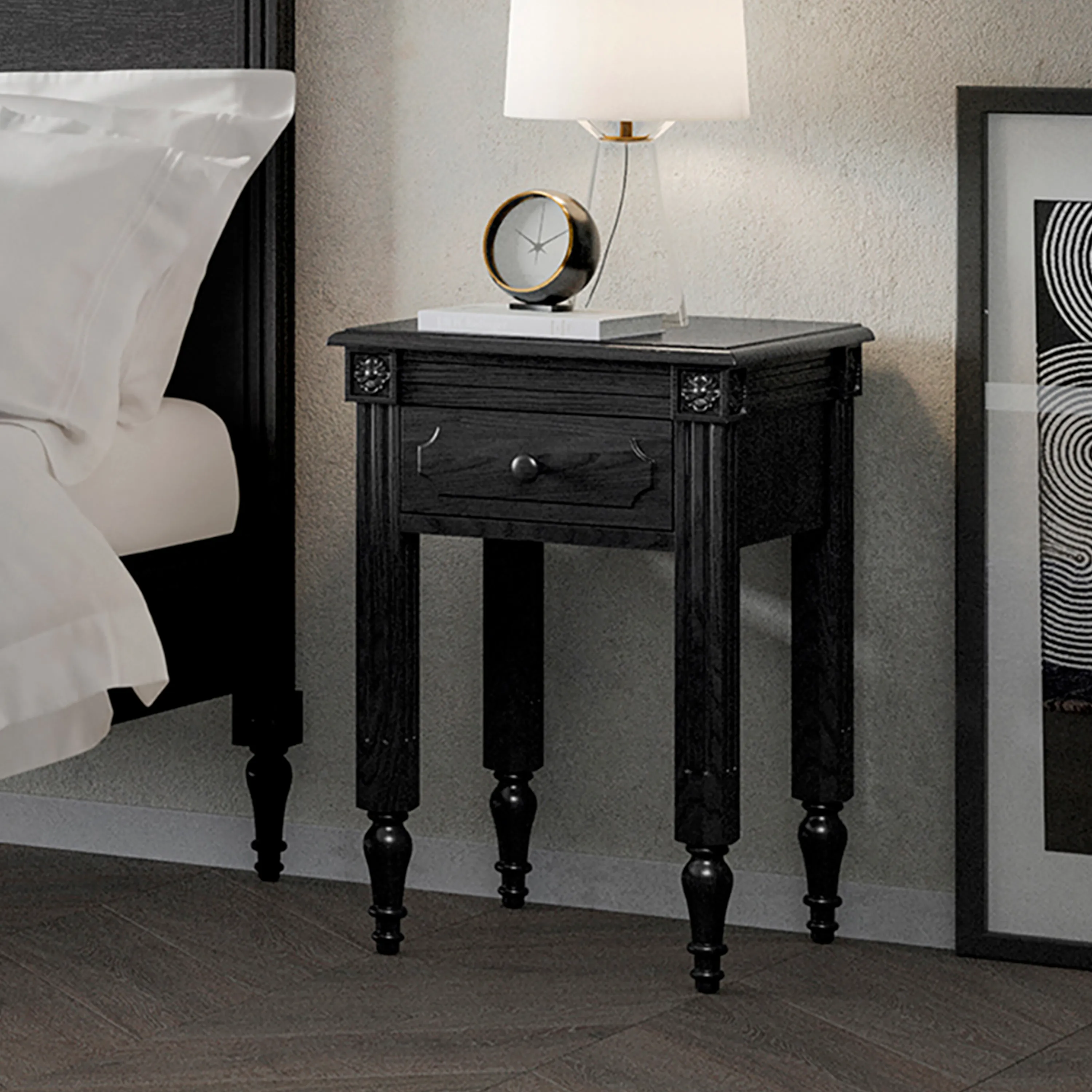 Black-painted single drawer bedside table