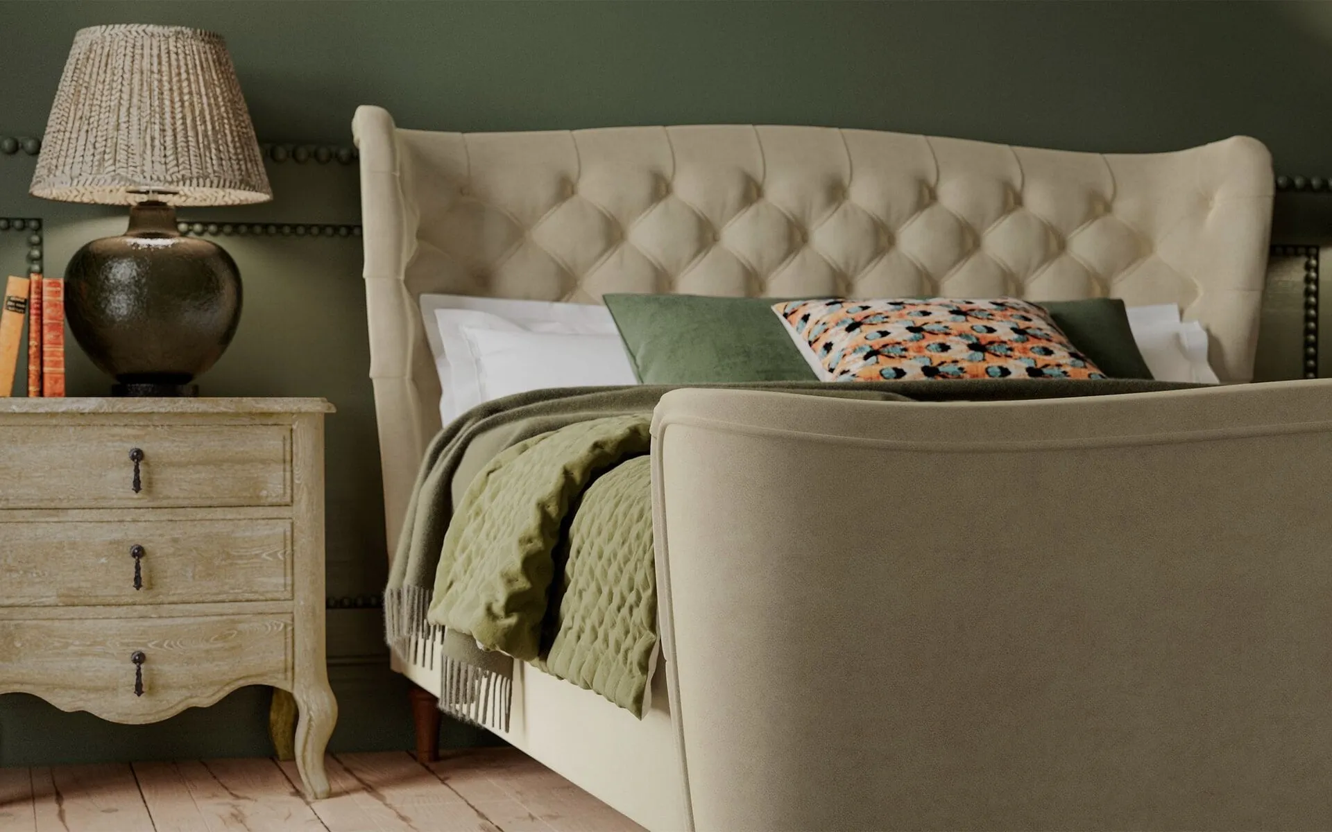 Velvet upholstered winged and buttoned headboard