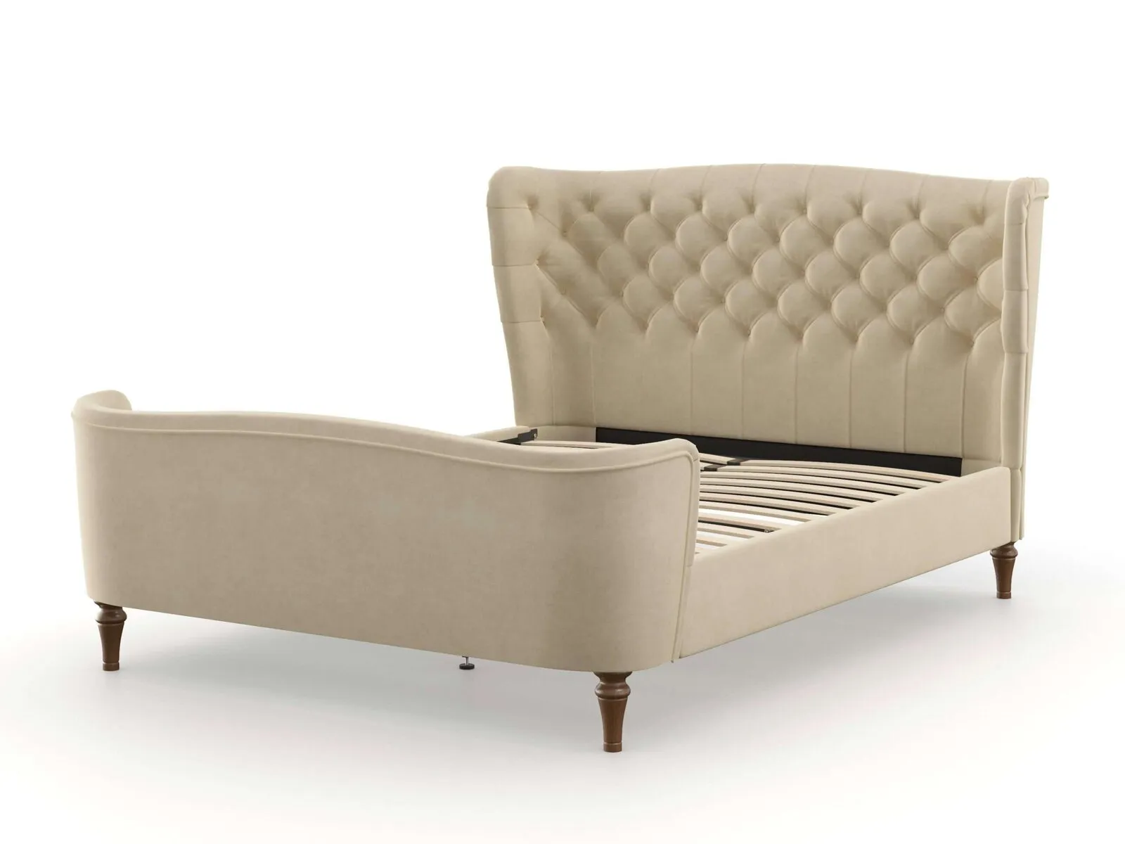 Upholstered bed frame with curved head and foot boards