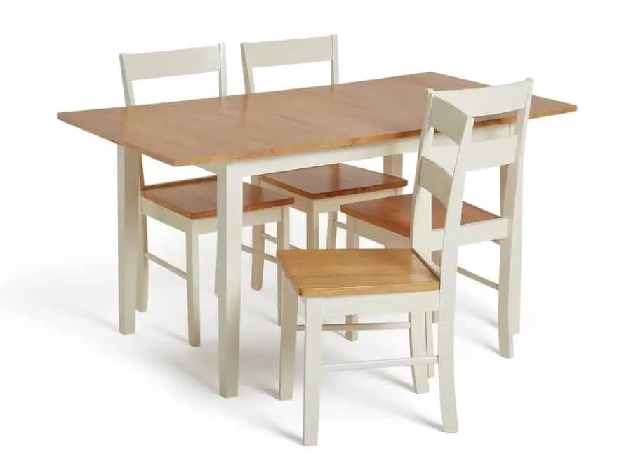 White frame dining table with oak finish top and 4 matching chairs.