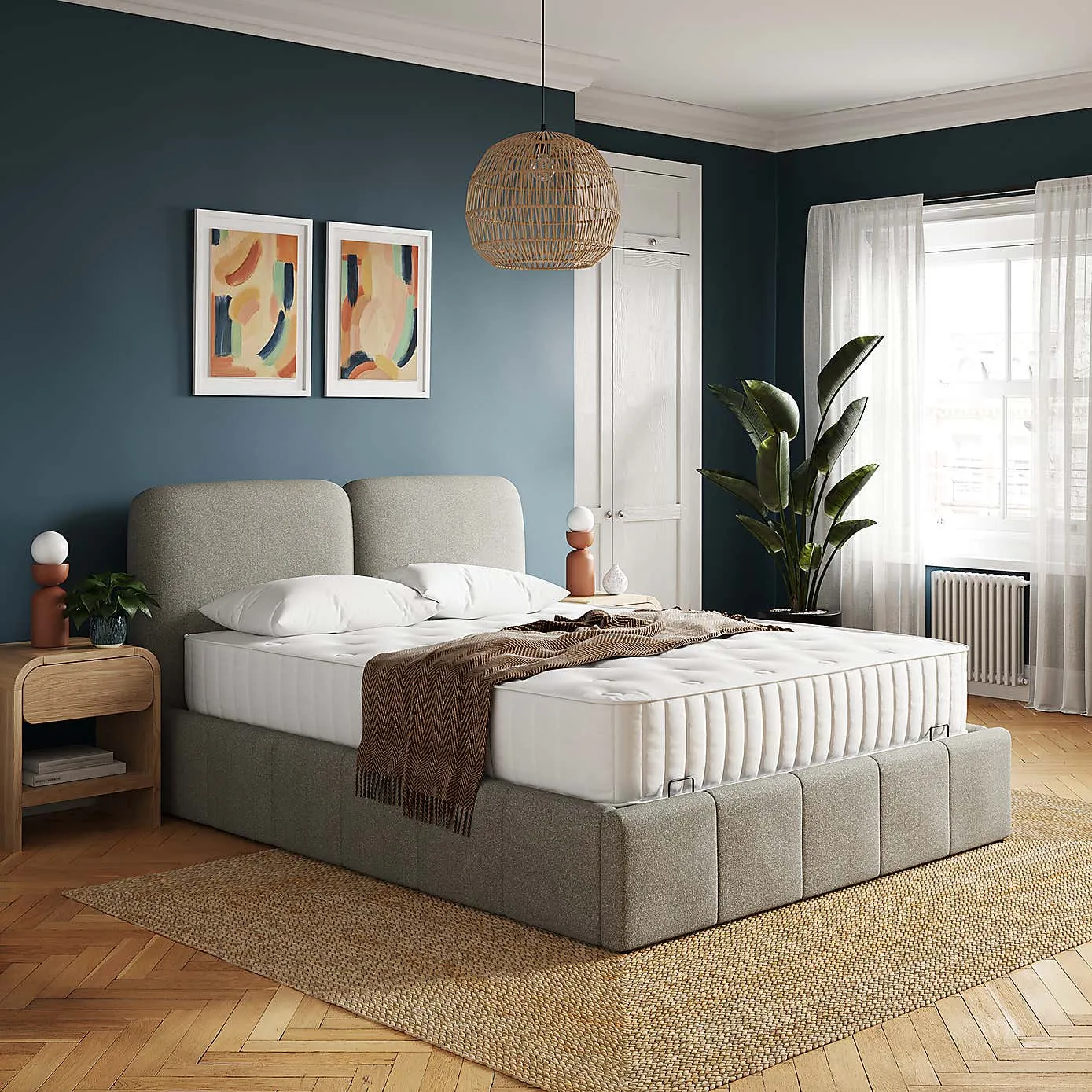 Grey fabric upholstered bed frame