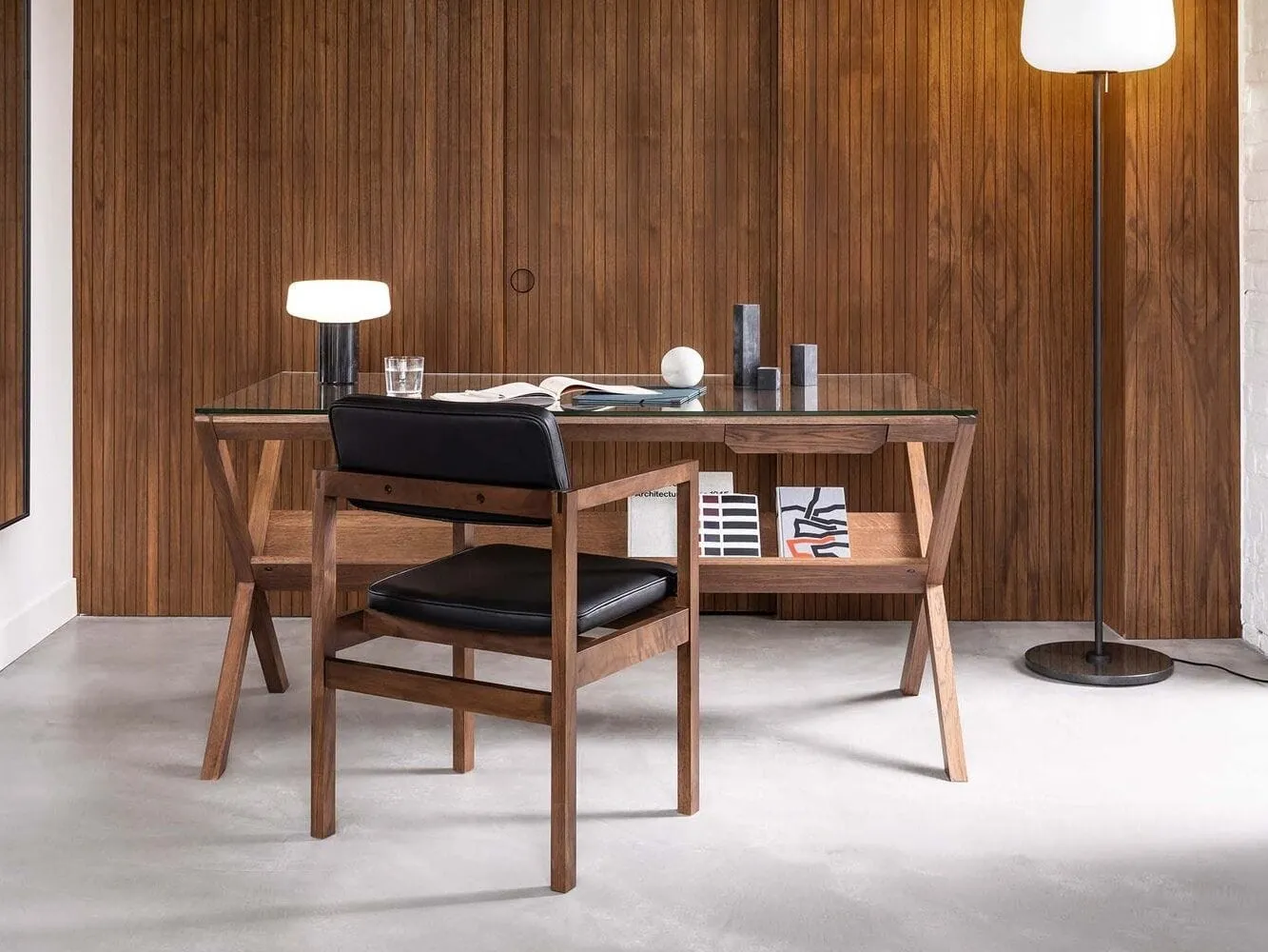 Walnut frame desk with glass top