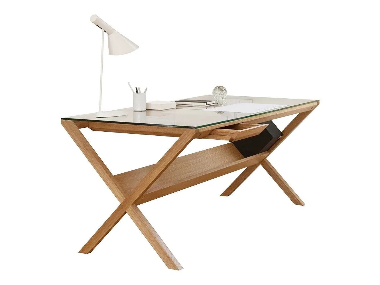 Cross-frame desk with glass top