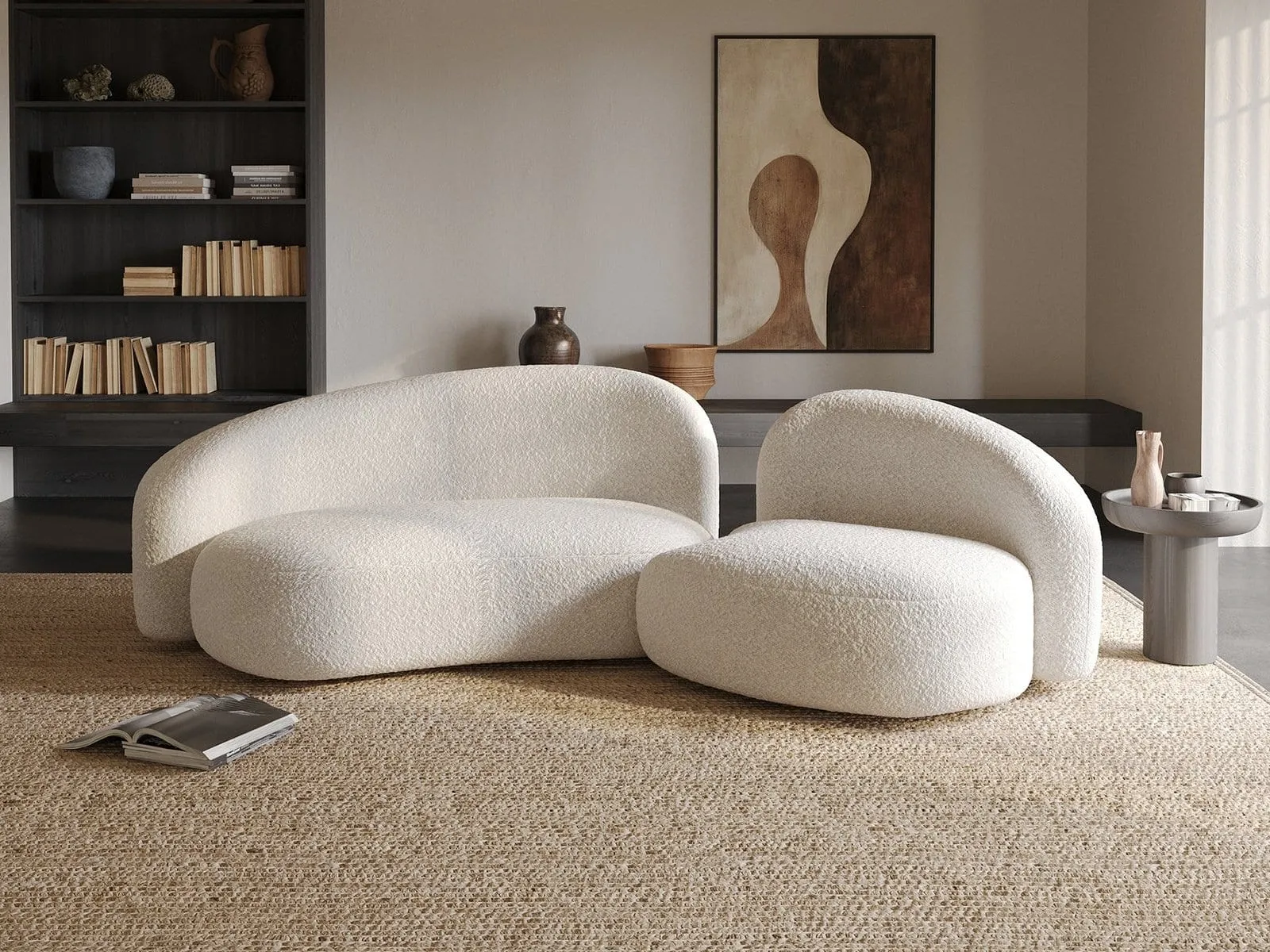 2-piece curved sofa with white wool-like upholstery