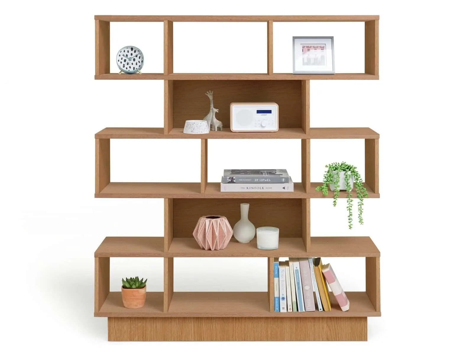 Cube shelving unit with oak finish