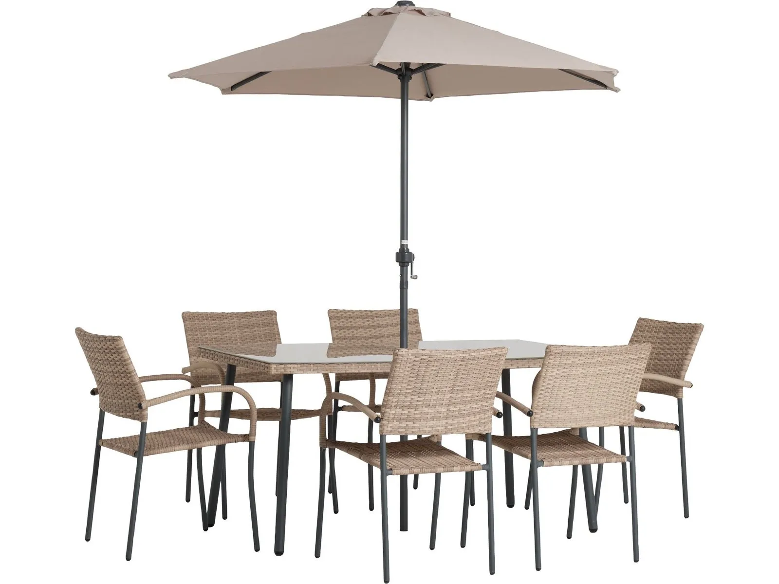Outdoor dining set with glass topped dining table, 6 rattan chairs and a parasol
