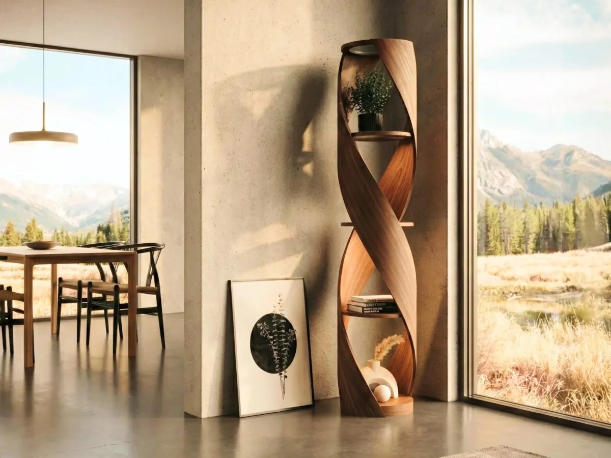 Walnut finish helix shaped shelving unit