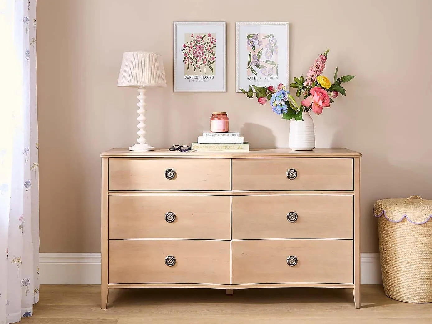 Light birch drawer chest with antique-style handles