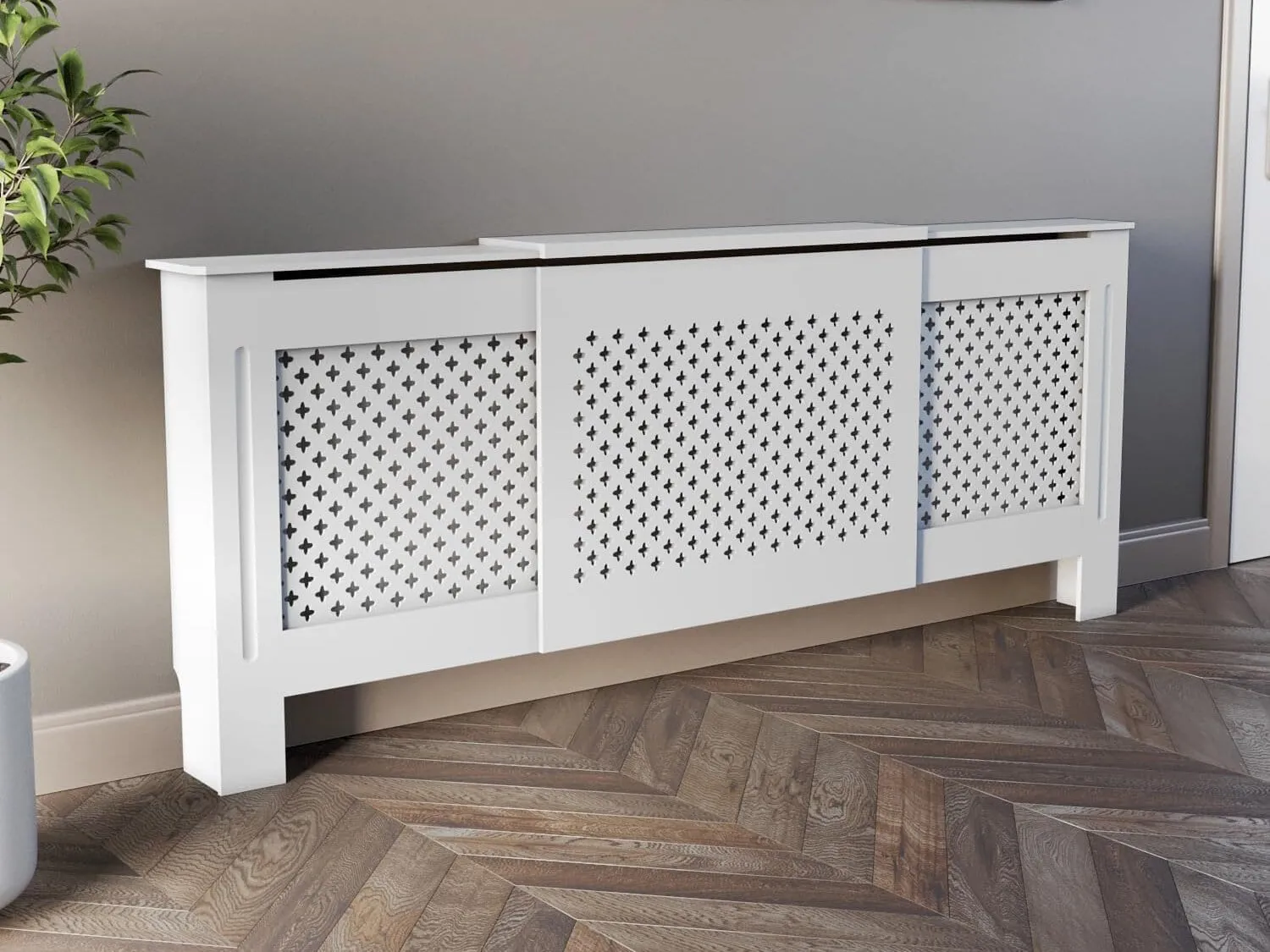 White-painted extending radiator cover