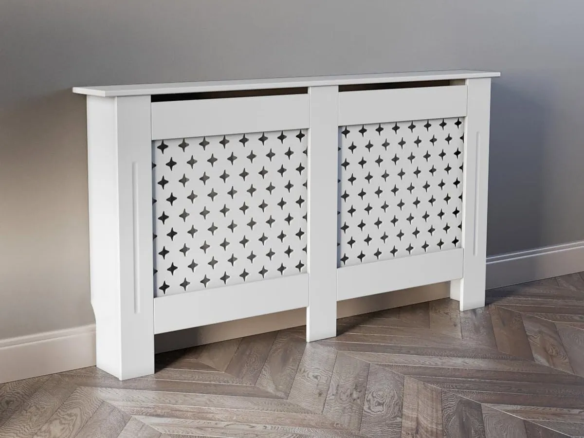 White double width radiator cover and shelf with star cut-outs