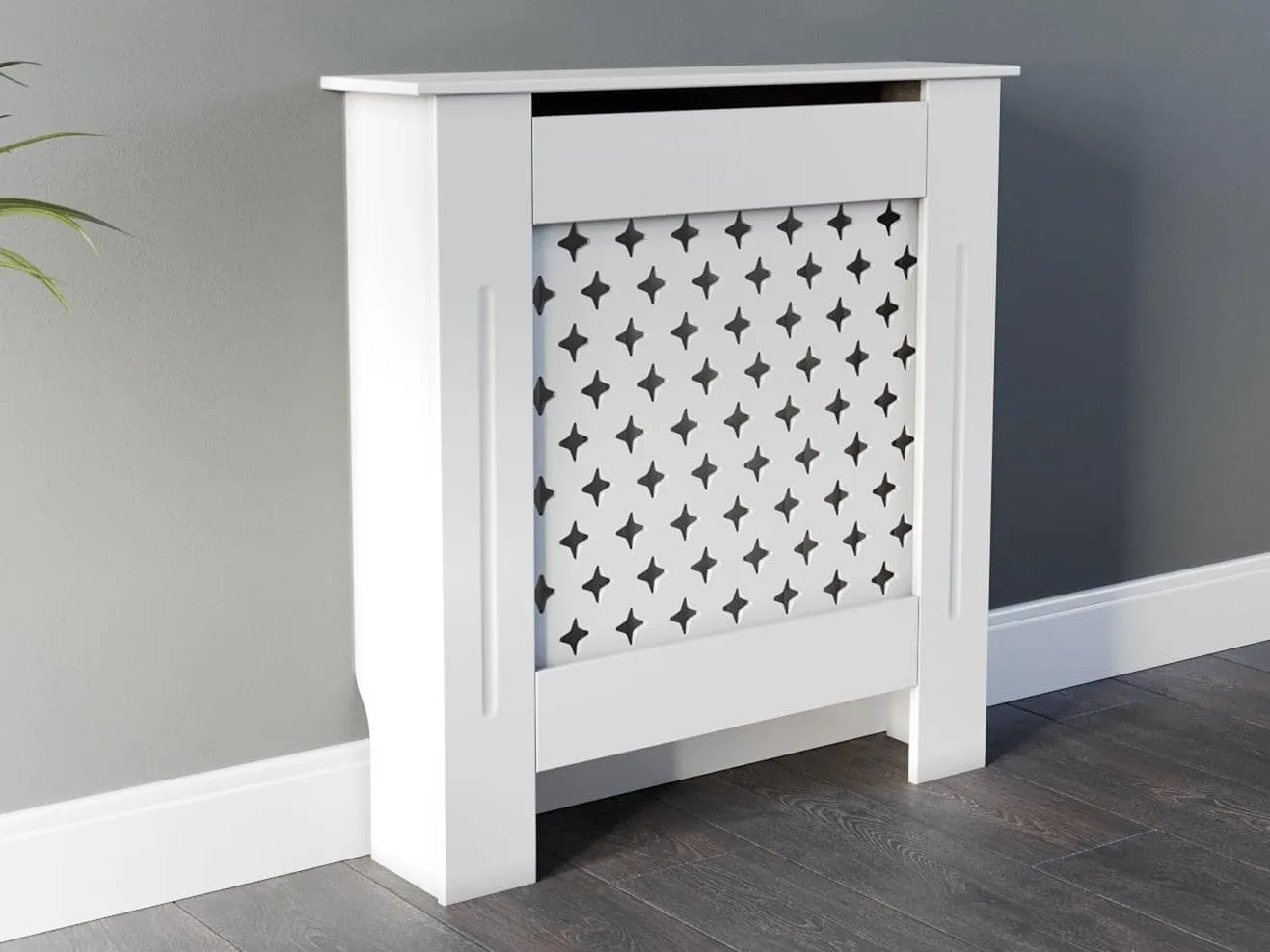 White radiator cover and shelf with cut-out start patterns