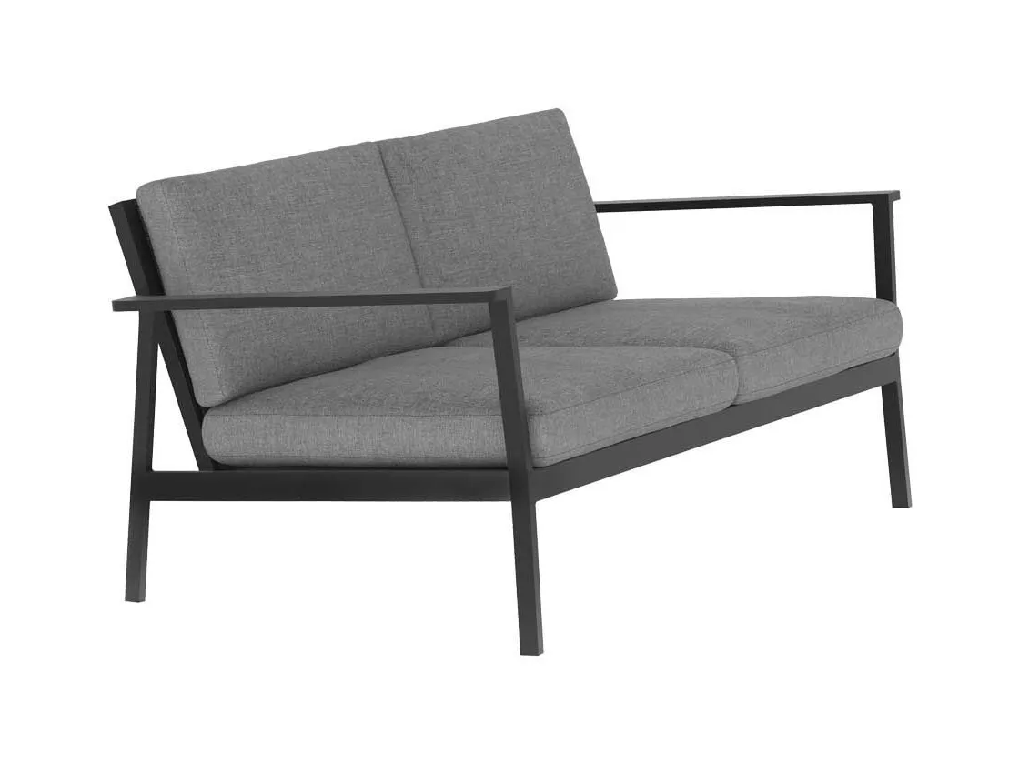 2-seater outdoor sofa with black frame and grey cushions