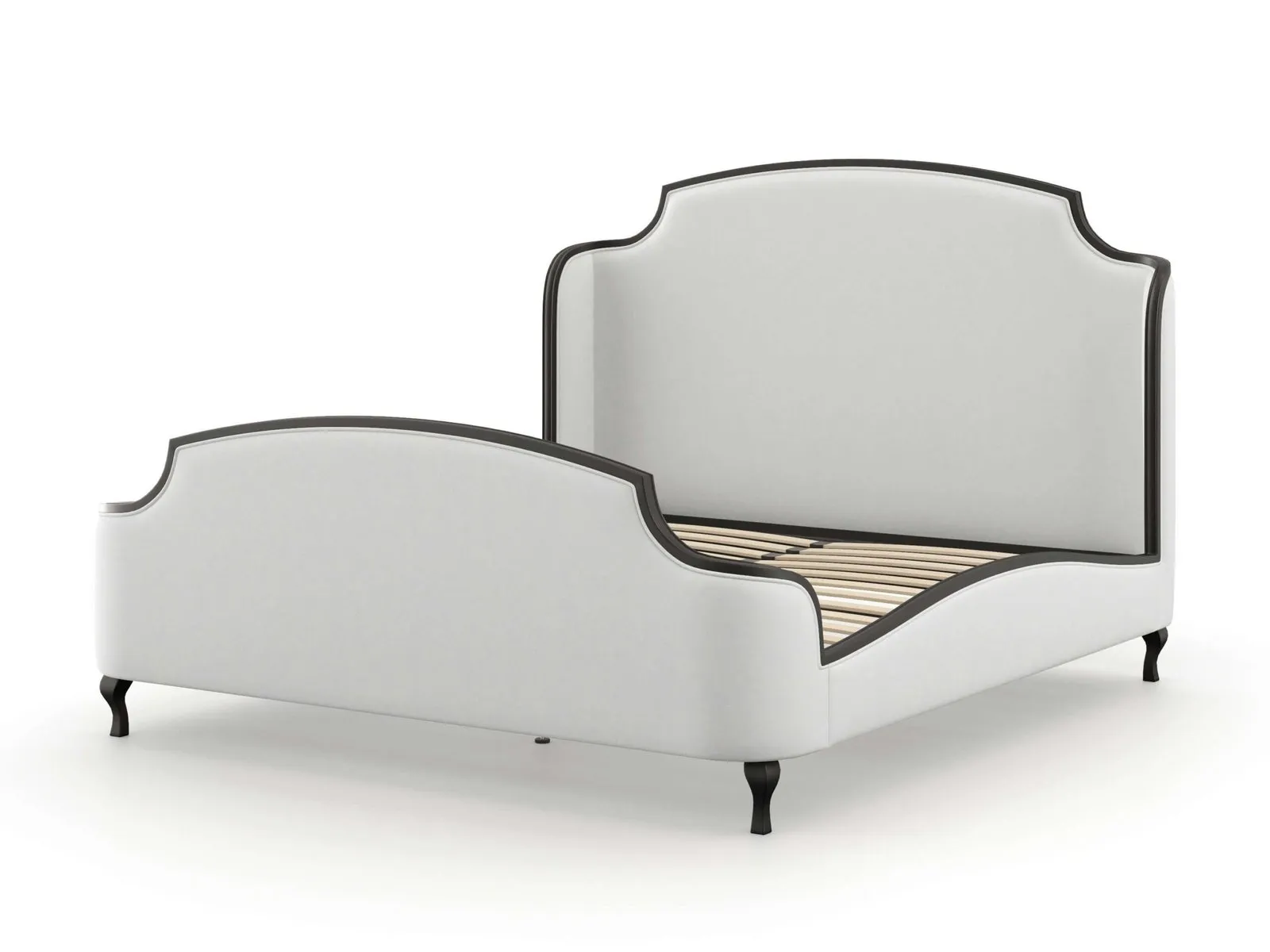 Grey fabric bed with black trim