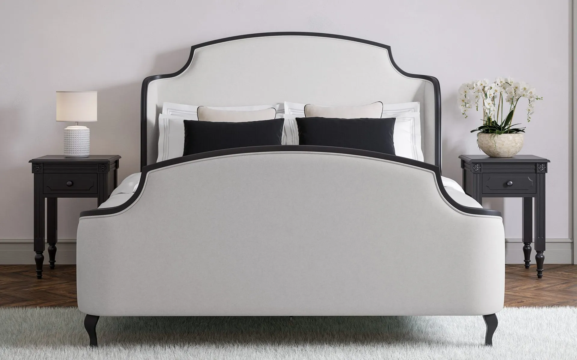 Black wood and light grey grey linen upholstered bed