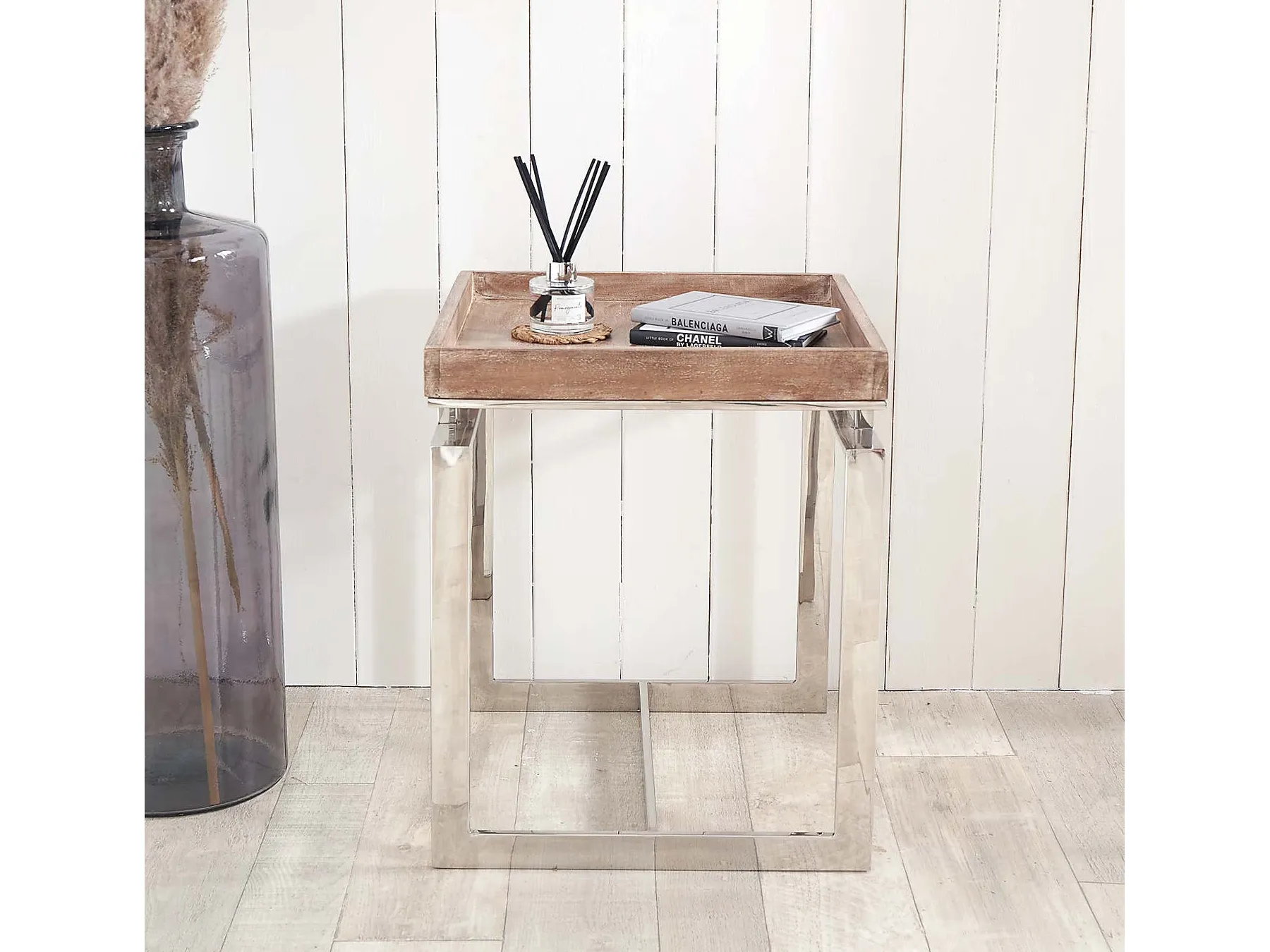 Polished metal frame side table with mango wood top