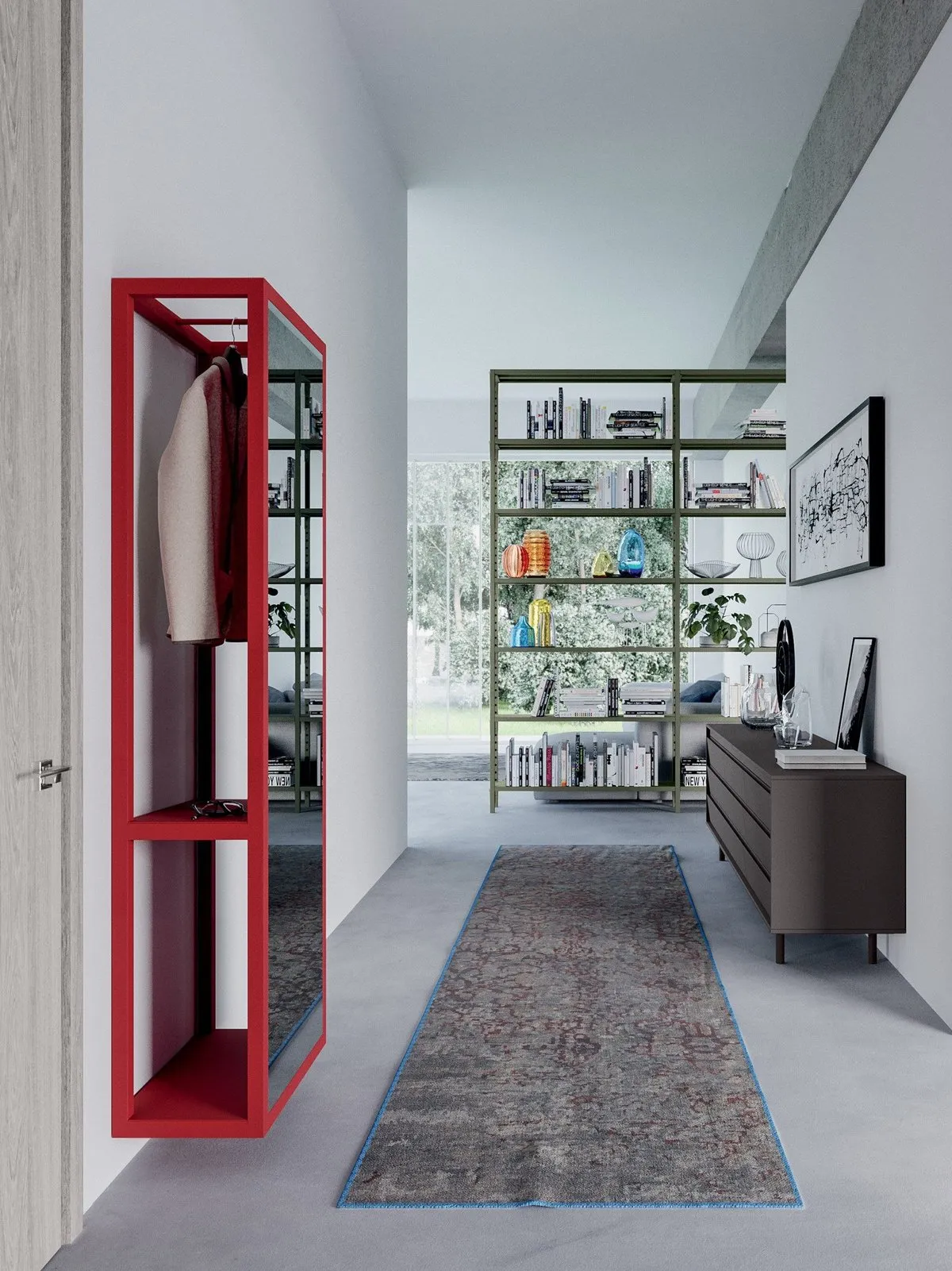 Full-length hallway mirror with ruby red frame and concealed storage